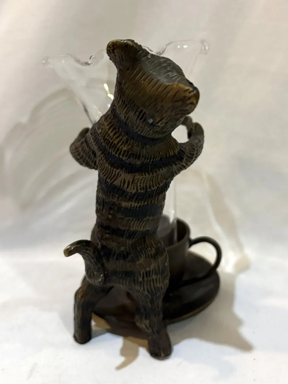 Cast Iron Cat Holding Clear Glass Vase
